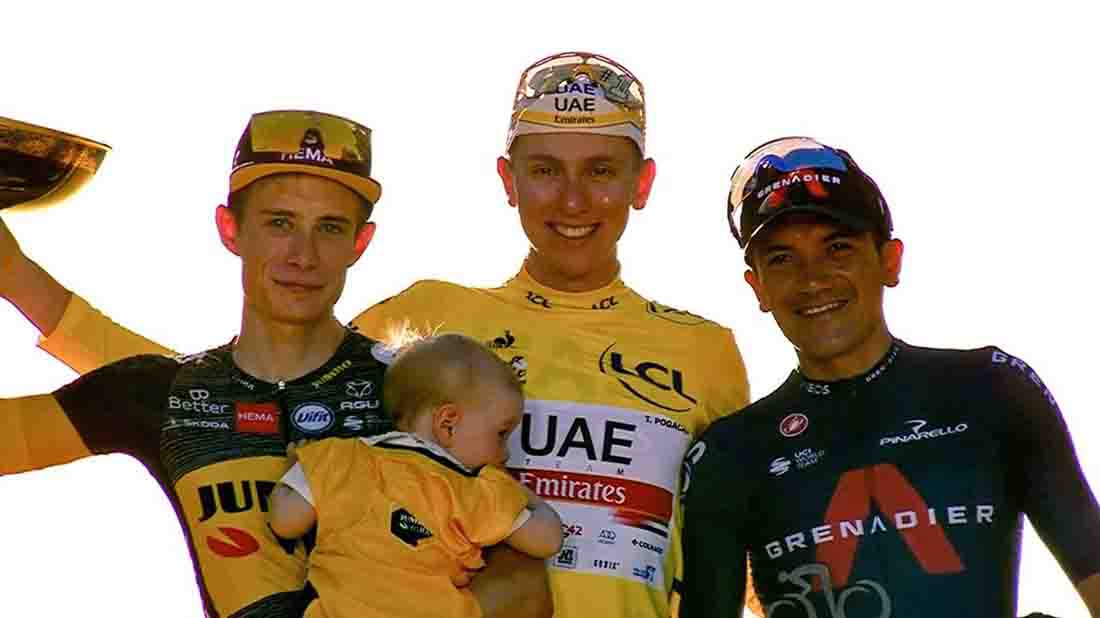 Jonas Vingegaard, Tadej Pogacar y Richard Crapaz en el podio del Tour de Francia.