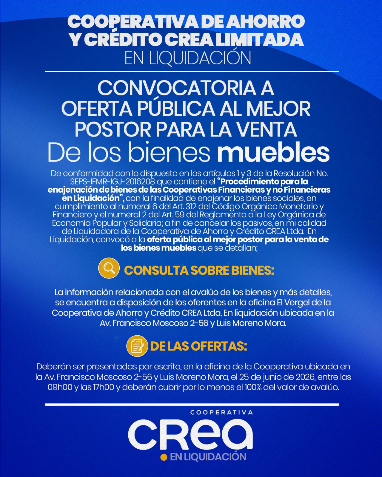 Convocatoria a oferta pública de bienes muebles CREA en Liquidación