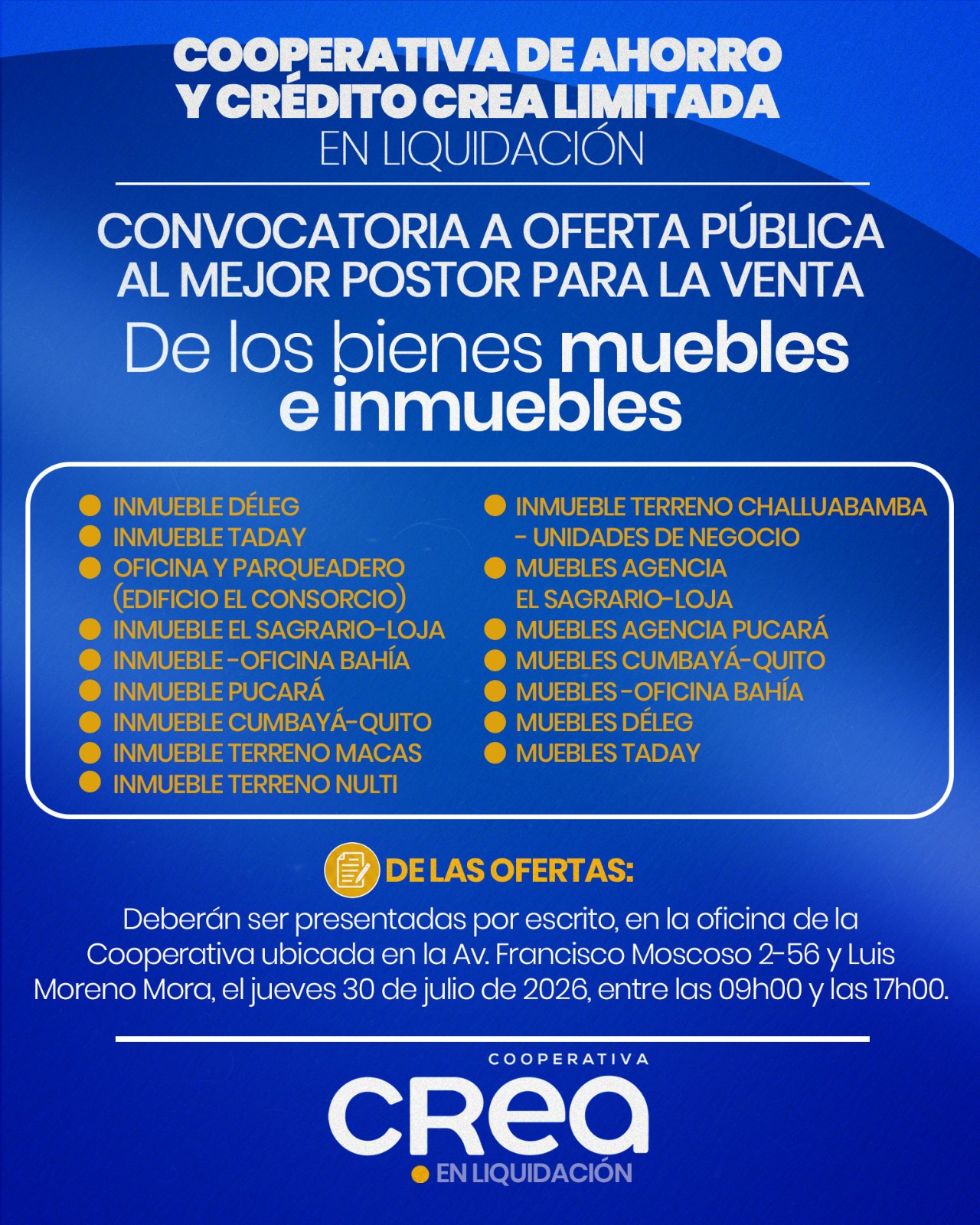 Convocatoria a oferta pública de bienes inmuebles y muebles de CREA en Liquidación