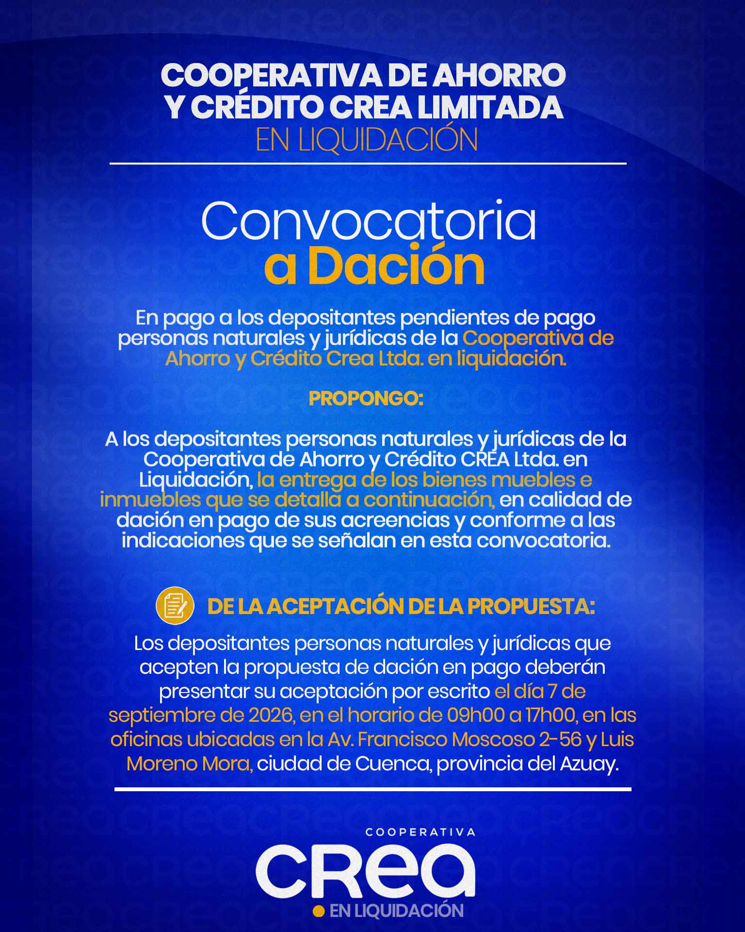 Convocatoria a dación en pago de la Cooperativa de Ahorro y Crédito CREA Ltda. en Liquidación