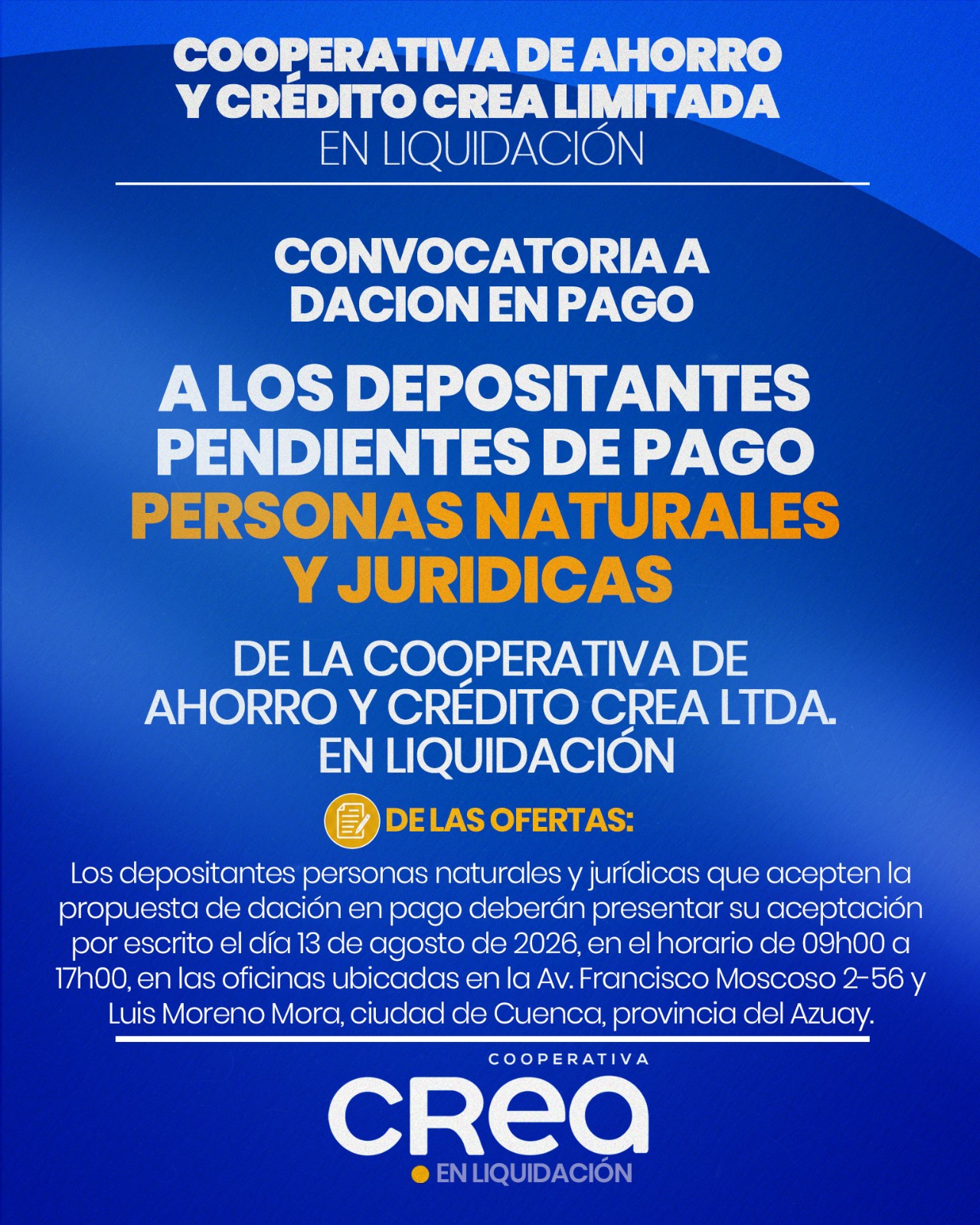 Convocatoria a dación en pago para depositantes pendientes de pago de CREA en Liquidación