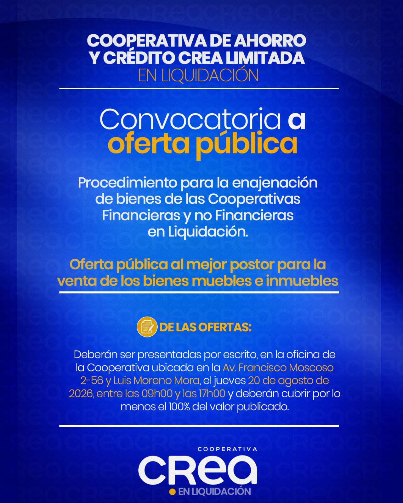 Convocatoria a oferta pública de bienes muebles e inmueble al 85% del avalúo de CREA en Liquidación