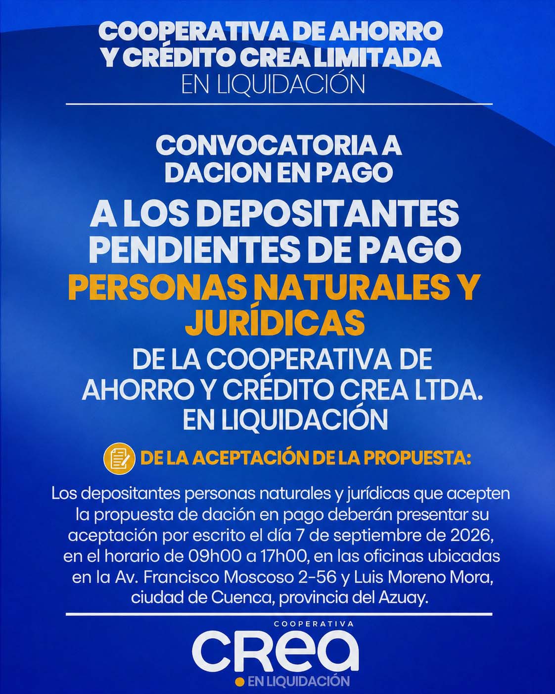 Convocatoria a dación en pago de la Cooperativa de Ahorro y Crédito CREA Ltda. en Liquidación